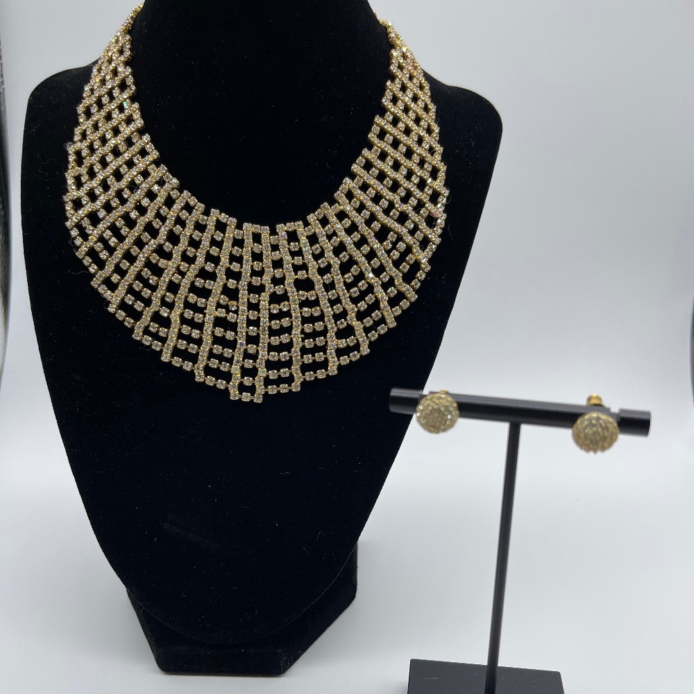 Vintage Goldtone CZ Collar Necklace and Earring Set